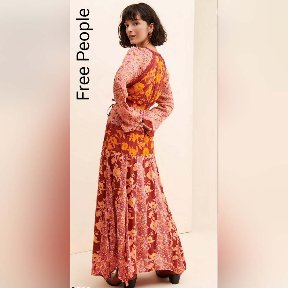 Free PeopleTilda 💐 Floral Maxi 💯 % Cotton Pink, Burgandy/Red & Orange In Med - Picture 2 of 8